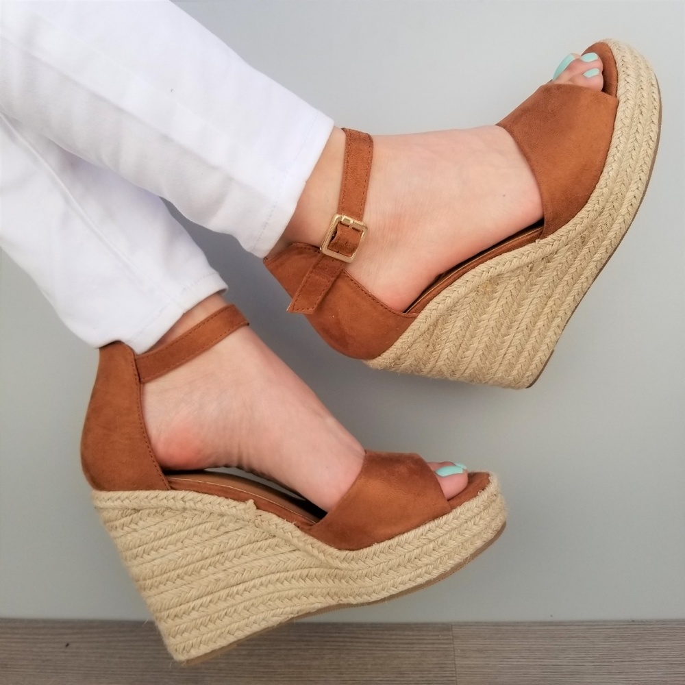 Tan Suede Espadrille Wedge Heel Sandals-E - Picture 6 of 8